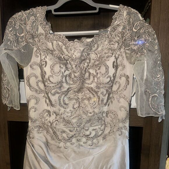 La Femme Half Sleeve Embroidered Embellished Long Jersey Ruched Mermaid Gown. 17 - Picture 2 of 14
